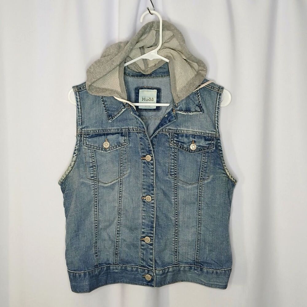 Mudd Denim Hooded Vest Jacket Vintage Y2K Retro Pockets Blue Jean Youth Girls XL